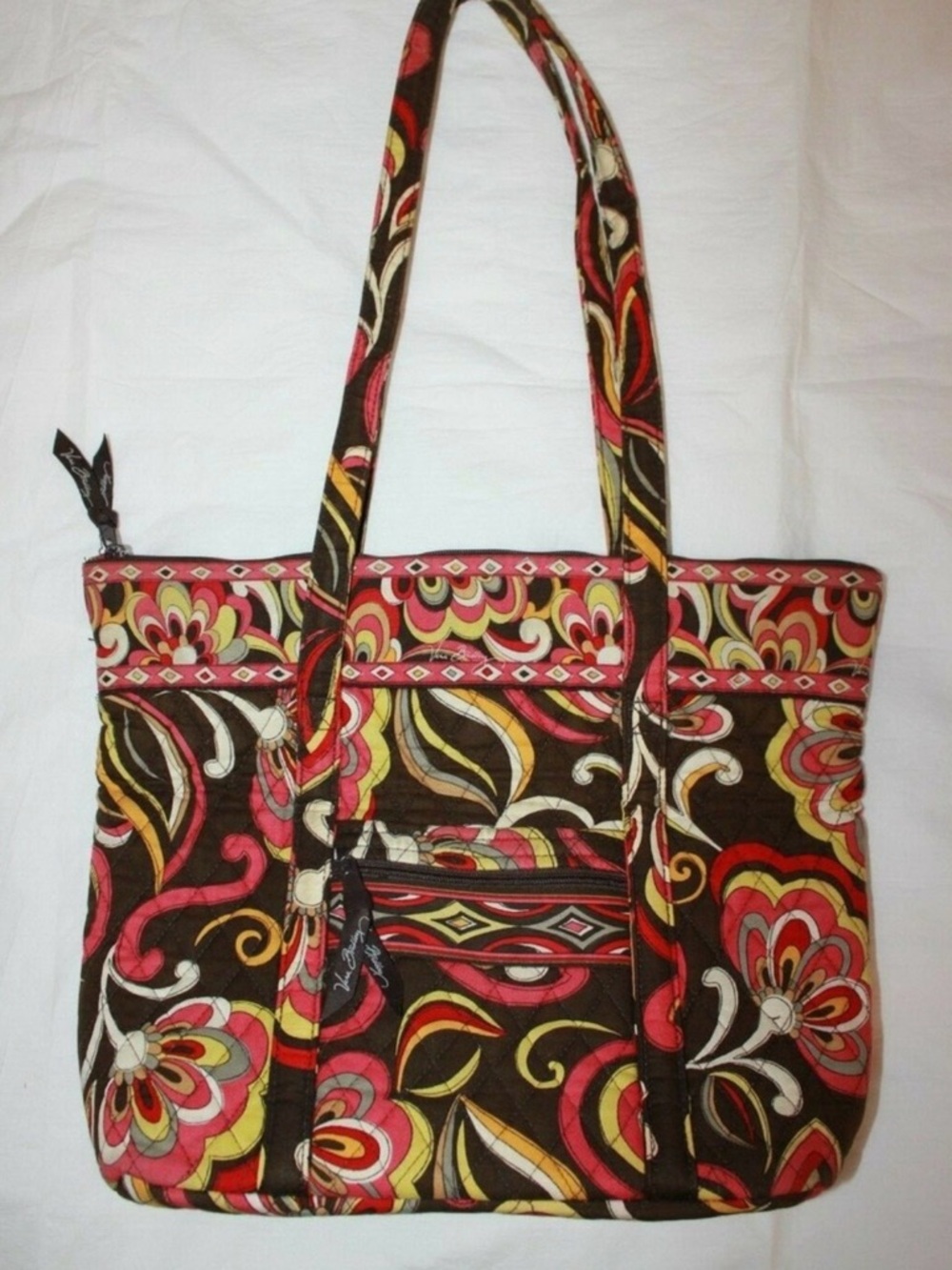Vera Bradley Brown Quilted Floral Tote with Pink and Yellow Accents
